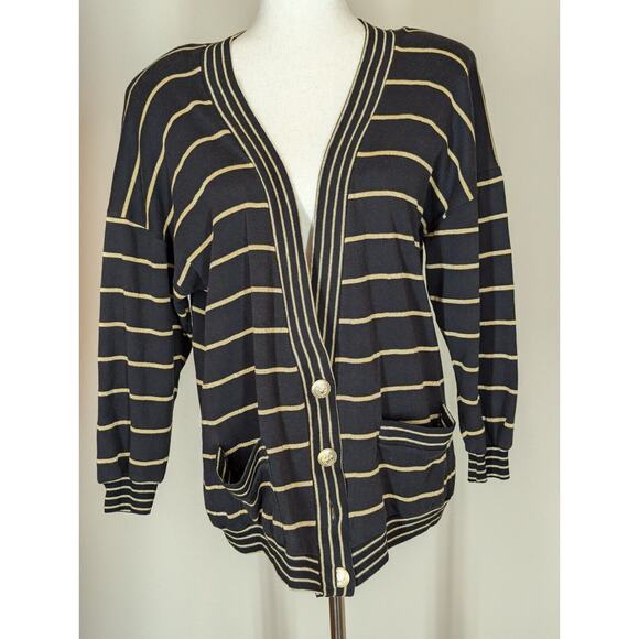 Vtg Peter Popovitch Cardigan Womens S Brown Gold Metallic Stripe Grandpa Sweater - Picture 1 of 9